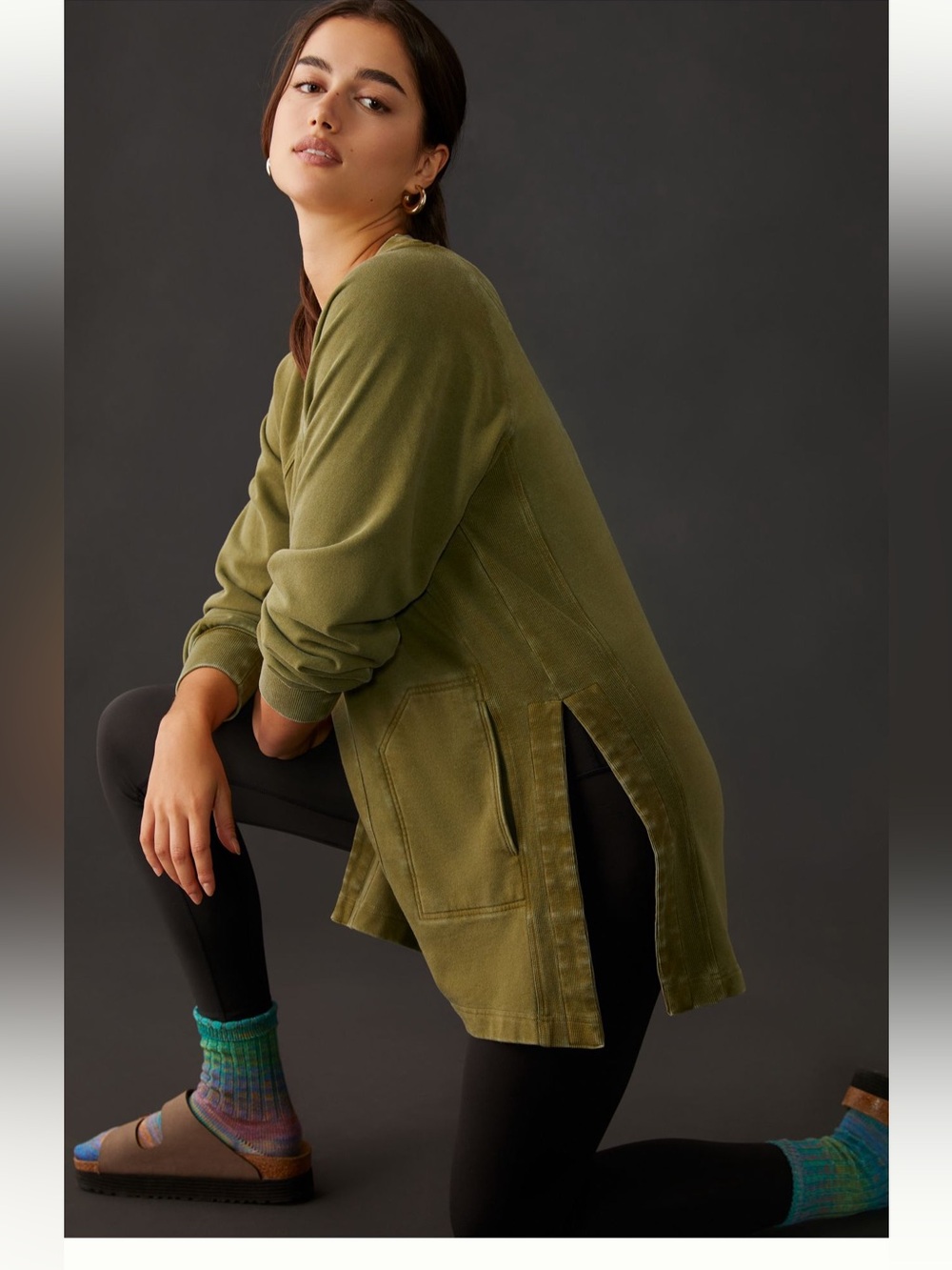 Casual Olive Tunic with V Neckline and criss-cross in back